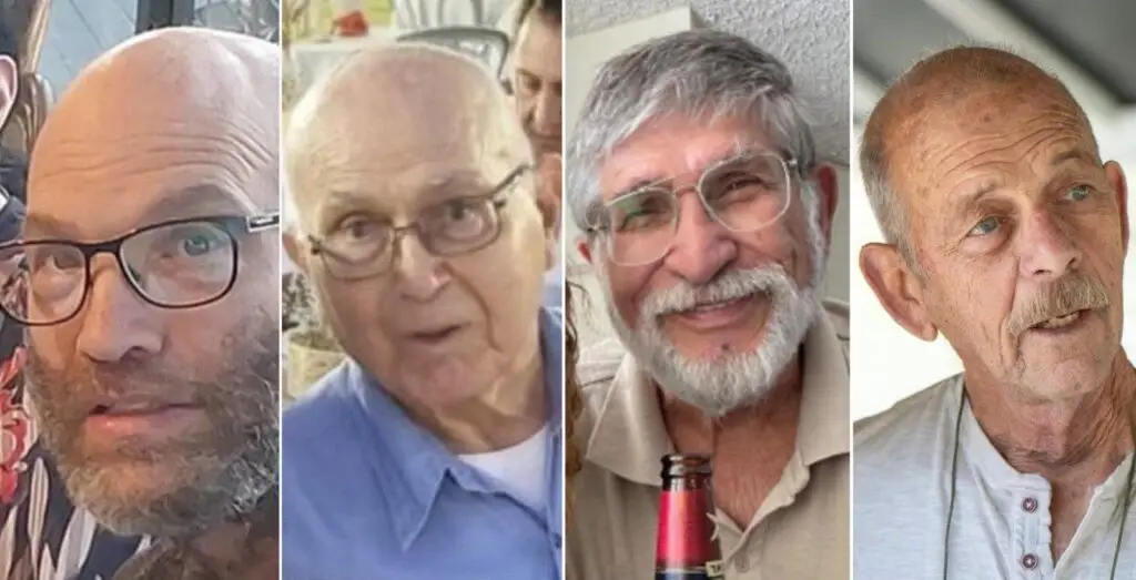 Amiram Cooper, 85, from Kibbutz Nir Oz Chaim Perry, 80, from Kibbutz Nir Oz Yoram Metzger, 80, from Kibbutz Nir Oz Nadav Popplewell, 51, from Kibbutz Nirim
